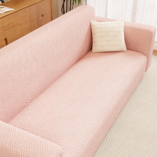 Image of Lukzer 2 Seater Pastel Pink Grid Maze Pattern Sofa Cover | 240 GSM Universal Stretch Fit Jacquard Fabric Couch Protector | Fully Covered Anti Slip & Washable Sofa Cover (140-180cm /SC-108-02)