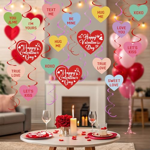 Image of 54Pcs Happy Valentine's Day Hanging Swirls Party Decorations Conversation Hearts Candy Hanging Swirls Banner Garland for Anniversary Valentines Day Home Office Classroom Decorations