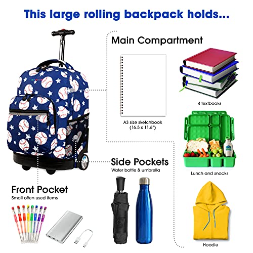 Image of J World Sunrise Kids Rolling Backpack with Wheels for Girls Boys, Roller Bookbag for School, 18 x 13 x 9 Inches, Baseball
