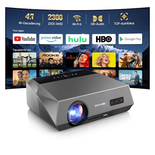 Smart Beamer 4K Wlan Bluetooth NFC, HDR LED Ultra HD 4K Beamer Heimkino Gaming 2300 ANSI Tageslicht, LCD Android OS Projektor Wifi Airplay mit Zoom ToF Autofokus Trapezkorrektur HDMI ARC 2.1 USB Decke