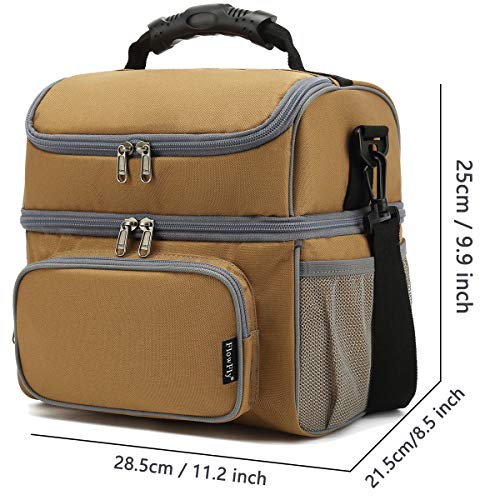 Flowfly Double Layer Cooler Insulated Lunch Bag Adult Lunch Box Large Tote Bag For Men, Women, With Adjustable Strap,Front Pocket And Dual Large Mesh Side Pockets,Brown #TOP3