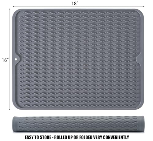 Image of Silicone Dish Drying Mat, Non-Slip Easy Clean Sink Mat Large Heat-resistant Dish Drainer Mat for Kitchen Counter, Sink, Refrigerator or Drawer liner (18 inch x 16 inch, GREY)