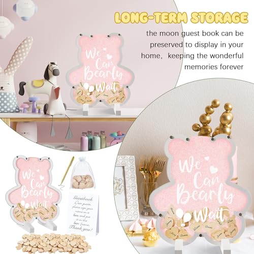 Image of Kosiz We Can Bearly Wait Acrylic Baby Shower Guest Book Alternatives Decorations with Wooden Hearts for 60 Guests Baby Shower Sign Picture Frame Pregnancy Keepsake Edition for Soon to Be Mom (Pink)