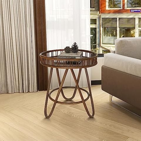 FINECASA Rattan Side Table with Wicker Tray Top 20x23'', Boho Hand-Woven End Table, Small Round End Table with Hairpin Legs, Coffee Table Set for Living Room, Bedroom (Brown) Cover