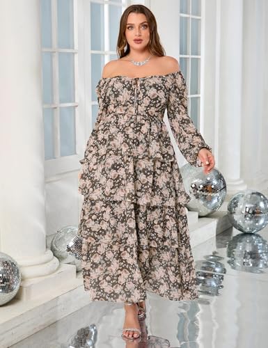 Image of EYWOL Womens Plus Size Floral Tiered Ruffle Long Sleeve Evening Party Wedding Guest Dress