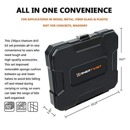 Miniatura 5 de EnerTwist - Juego de brocas de titanio para metal y madera (230 piezas, acero HSS, de 364" a 12", ET-DBA-230P