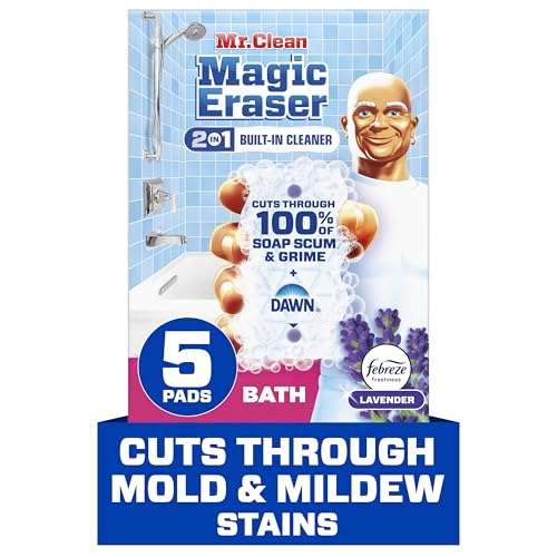 Mr. Clean Magic Eraser Sponge, Bathroom Cleaner, Shower Cleaner, Tub Cleaner, Soap Scum Remover, Bathroom Cleaning Supplies, Dawn Cleaning Power with Febreze Lavender Scent, Ultra Bath, 5ct
