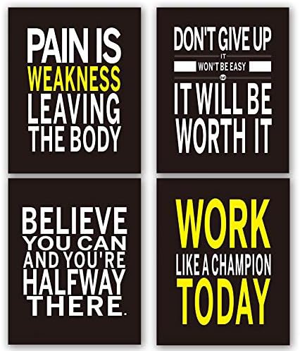 Homdeco Inspirational Gym Room Art Print Set of 4(8"X10") Motivational Lettering Painting, Canvas Wall Art Picture for Yoga Room Gym Room Decoration,No Fame