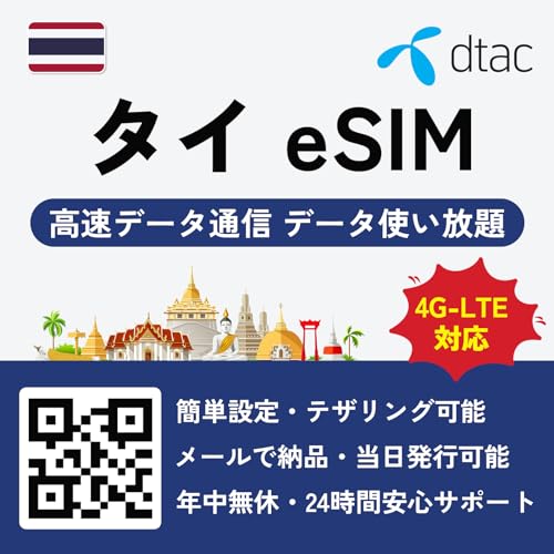 【タイ eSIM】4G-LTE 高速データ通信 データ無制限 データ通信専用【DTAC キャリア】タイ プリペイド simカード Thailand esim 当日発行可能 (7日間 高速データ)
