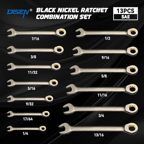 Image of DISEN 13pcs 90 Teeth Ratcheting Wrench Set, Fixed Head SAE Combination Ratchet Wrenches Set 1 /4 Inch - 13 /16 inch, Nickel Plating Cr-V Constructed with Organizer