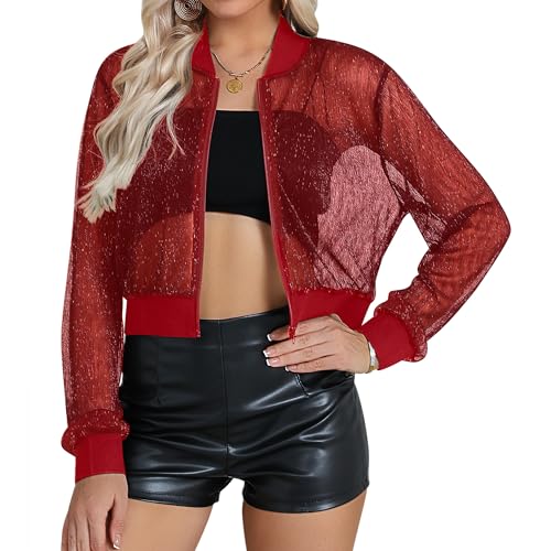 Nlife Women Sheer Mesh Sparkly Crop Bomber Jacket See Thru Glitter Rave Festival Clubwear Night Out Party Concert Outfit