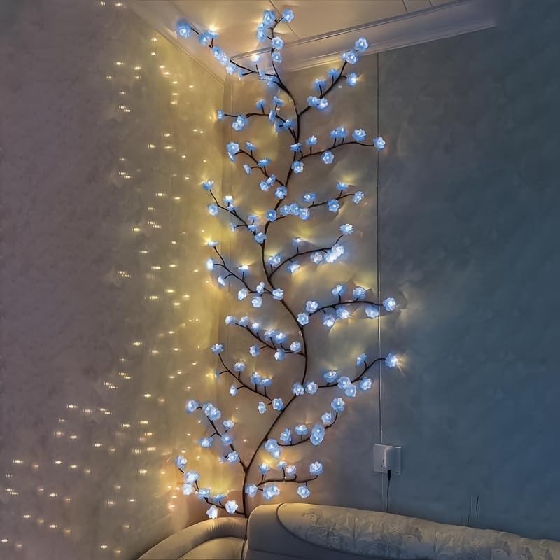 Blue Cherry Blossom Tree Branch Lights for Wall,Cherry Enchanted Willow Vine Lights,with 96 LED and 8 Lighting Modes,Remote Timer,for Bedroom Wall Doors Windows Wedding Christmas Holiday (71inch)