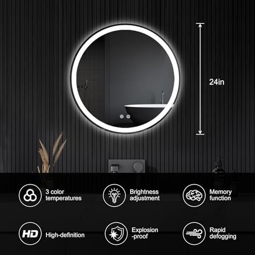 Image of NEWBULIG 24 Inch Round LED Bathroom Wall Mirror with Lights, Light up Vanity Bathroom Mirror for Over Sink, Anti-Fog and Dimmable, Front Light and Backlit, Memory Function, Shatter-Proof, White