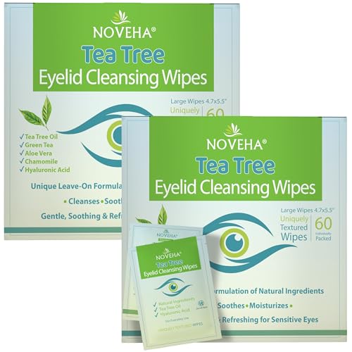 NOVEHA 120Pcs Tea Tree Oil Eyelid &amp; Lash Wipes With Hyaluronic Acid, Green Tea &amp; Chamomile For Blepharitis &amp; Itchy Eyes, Individually Wrapped Eyelash Wipes, Natural Makeup Remover &amp; Cleanser (2 Pack)