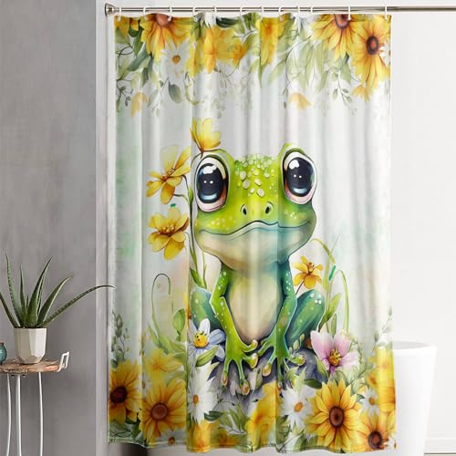 AILONEN Green Frog Shower Curtain,Cute Cartoon Frog Waterproof Fabric Shower Curtain for Bathroom,Beautiful Sunflower Kawaii Tree Frog Shower Curtain Set with Hooks for Kids Boys Girls,72