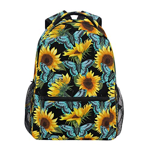 Sunflower Floral Laptop Backpack - Blue Butterfly with Yellow Flowers Waterproof College Students Bookbags Casual School Bags Travel Computer Notebooks Daypack for Men Women Teens