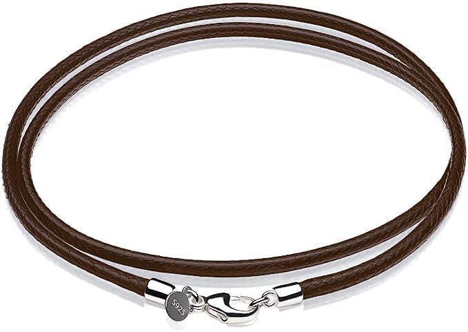 Leather Necklace for Men Women with Solid 925 Sterling Silver Lobster Clasp 3mm Black/Brown/LightBrown/Red Leather Necklace Cord 16/18/20/22/24/26/30 Inches