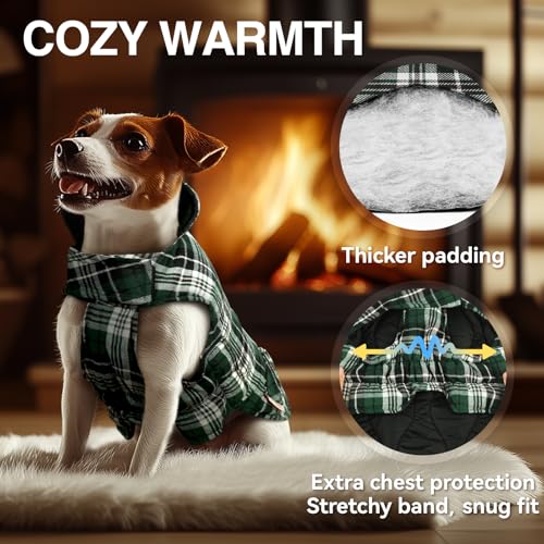 VIVAGLORY Softjoy Hundemantel, Wintermantel mit Bauchschutz, Hundejacke für Winter & Weihnachten, Warm Softshell Kariert Schnittmuster Verstellbar, M, Grün