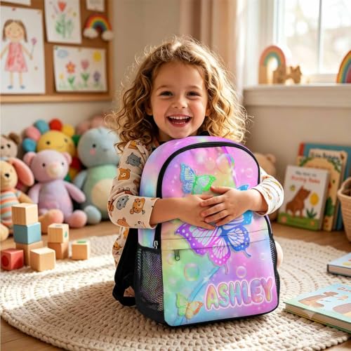 Image of Custom Girls Backpack for Kids Personalized Backpacks Set Back to School | Kid Customized Toddler Backpack for Girl with Lunch Bag Book Bag Kindergarten Prek Preschool Gifts Black Rainbow Butterfly