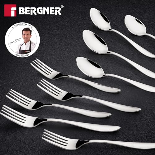 Image of Essential Plus by Bergner Passion 12 Pcs Stainless Steel Cutlery Set for Home & Kitchen - 6 Dinner Spoon and 6 Dinner Fork, Food Grade, Non Toxic, Dishwasher Safe, Cutlery Set for Dining Table - 18cm