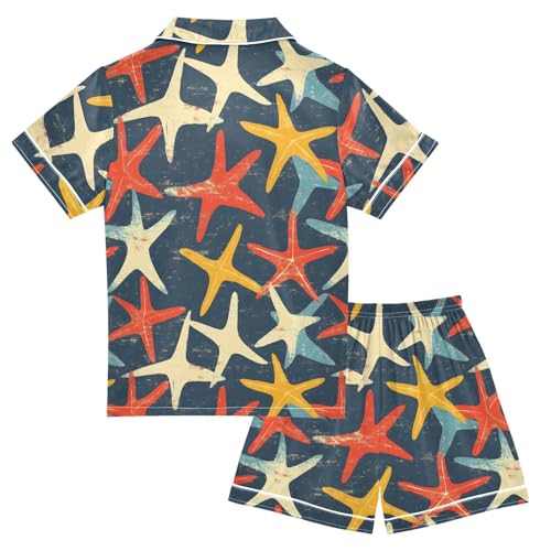 ALAZA Starfish Navy Blue Satin Pajamas Set Short Sleeve Button Down Sleepwear Summer Pjs 2 Piece2