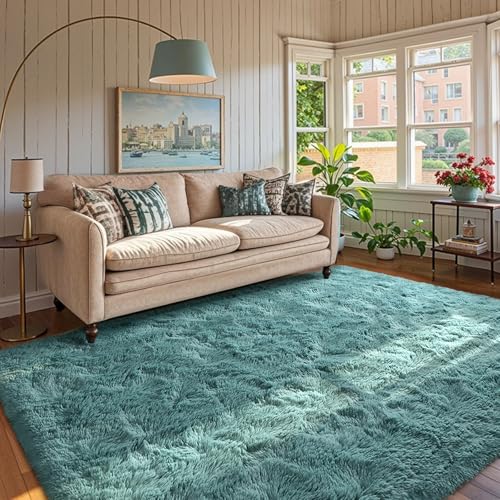 5x7 Rug for Living Room Teal Shag Area Rugs,1.7'' Thick Modern Plush Non-Slip Soft Carpets for Bedroom Kids Nursery Dorm Daycare Floor