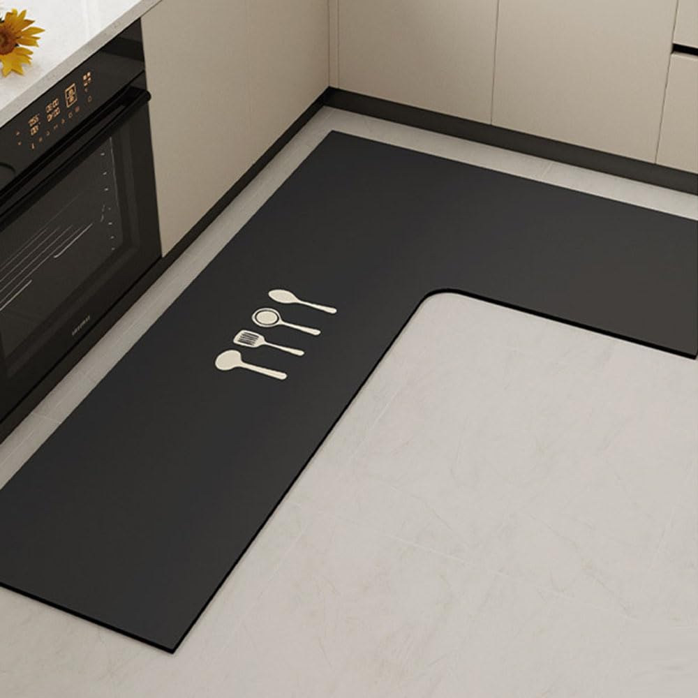 Treer Kitchen Rug Kitchen Floor Mat L-shaped Non Slip Washable Waterproof Anti-Fatigue Standing Mat Diatom Mud Long Carpet for Hallway Sink Laundry Office Entryway (Tableware-left,100x150x45cm)