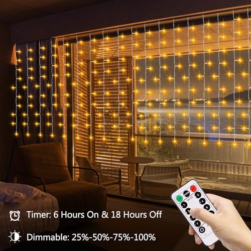 CCILAND Cortina de luces LED que funcionan con pilas, 6 m x 1 m, 300 luces LED para exteriores, impermeables, con control remoto, 8 modos, temporizador, regulable, para jardín, valla, cenador - imagen 5