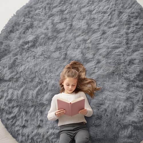 OLANLY Light Grey Round Rugs for Bedroom - Machine Washable, 8 ft Circle Area Rugs for Living Room, Soft and Fluffy Shaggy Carpet for Teen Girls and Boys, Nursery Rooms, Dorms, Home Decor Aesthetic