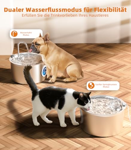 UPAWPIA 3.2L Katzenbrunnen Edelstahl mit 3 Filtern Trinkbrunnen für Katze Katzenbrunnen für Katzen mit Wasserstandsfenster Ultra leise Wasserbrunnen für Katzen Cat Water Fountain mit LED Licht