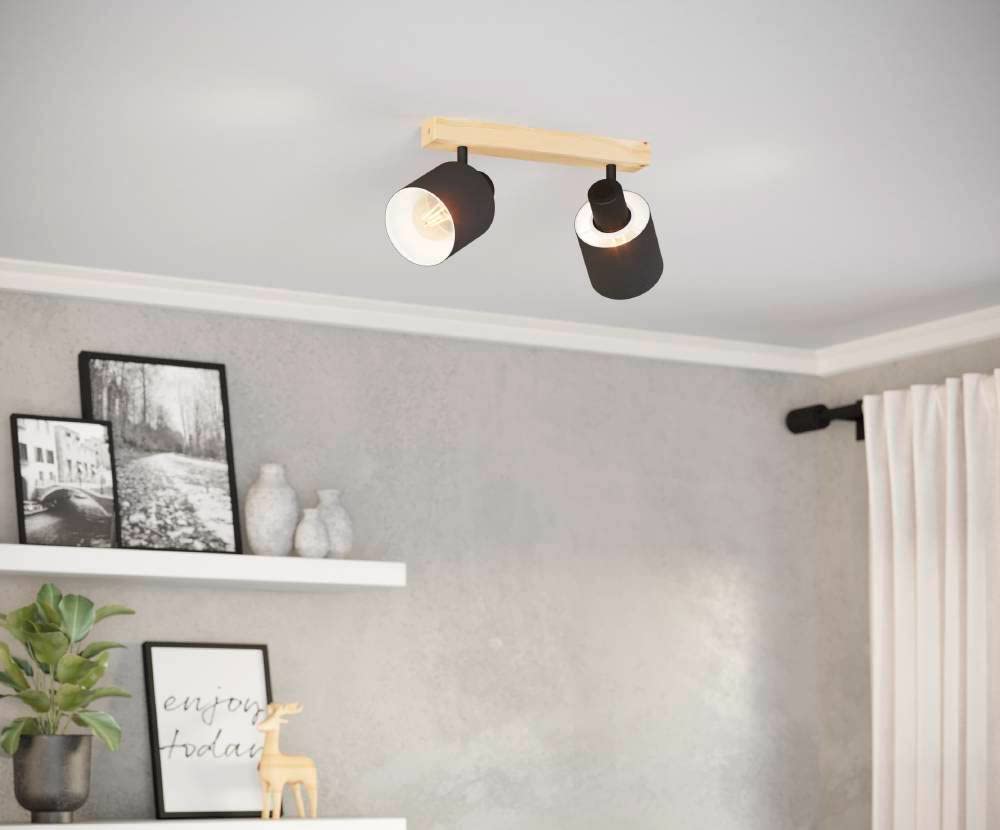 EGLO Ceiling Light Batallas, 2 Light Scandi Look Lighting Made of Wood and Fabric - Image 2