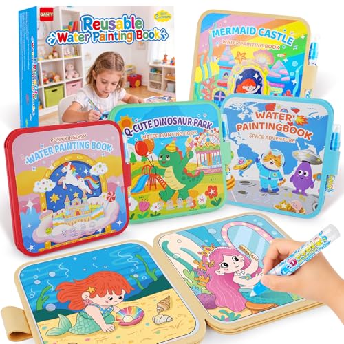 QANIY 4 Pack Reusable Water Painting Book 40 Vivid Pages Mess-Free Coloring Books Magic Water Coloring Books with Water Pens for Toddlers Portable Travel Toys Gift for Girls & Boys Ages 1-3 3-5