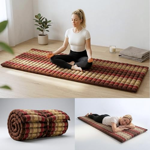 LEEWADEE Colchon Plegable – Futon para Dormir, Esterilla Fitness Gruesa, Mattress De Kapok, 190 x 70 cm, Marrón Rojo