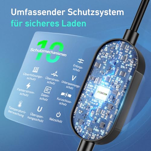 EVJUICION Ladekabel Elektroauto Typ 2 Schuko 3,68kW[1-phasig, 10m, 6-16A, IP67], EV Chargers Ladegerät mit Einstellbarer Ladeleistung Digitalanzeige für ID.3, ID.4, X1, Model Y/3, und Anderen PHEV/EV