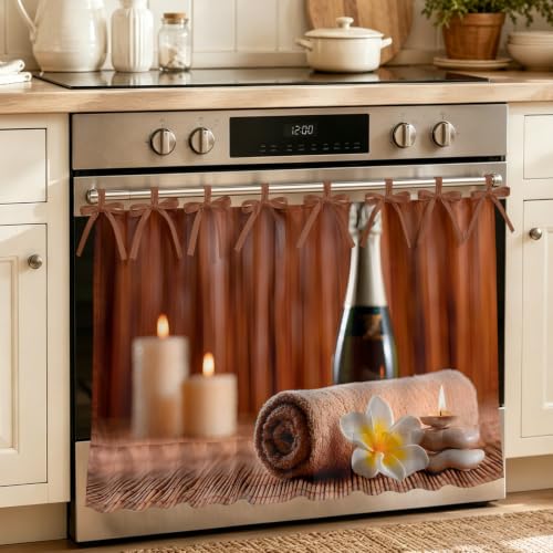 Zen Wellness Oven Curtain with Tie Top, Rustic Warm Brown Spa Essential Oils Frangipani Oven Skirt Curtains with Tie Top Cabinet Cover Curtain for Small Kitchen Apartment Decor 27 x 20 Inches