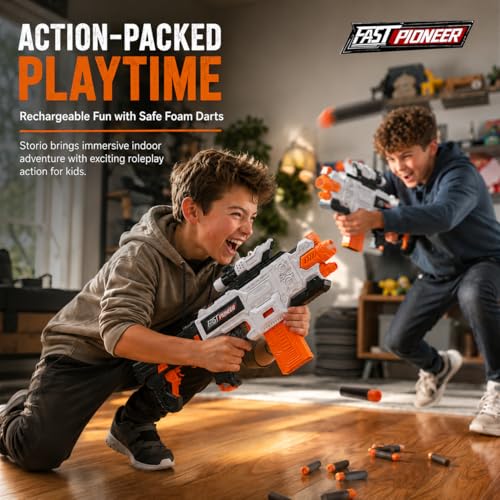 Image of Storio Rechargeable Alpha Striker Electric Motorized Toy Gun | Soft Dart Blaster with Type-C Charging | Rapid Fire Shooting Toy with 20 Foam Bullets | Gift Toy for Kids 8+, Teens & Adults (Pack of 2)