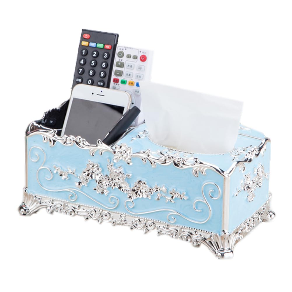 Qinqin Store Silver Blue Creative Tissue Box Cover With Remote Control Storage Box Holder Organizer Decorative Paper Facial Tisue Box Holder (, 27×13×11Cm/10.63"×5.12"×4.33")