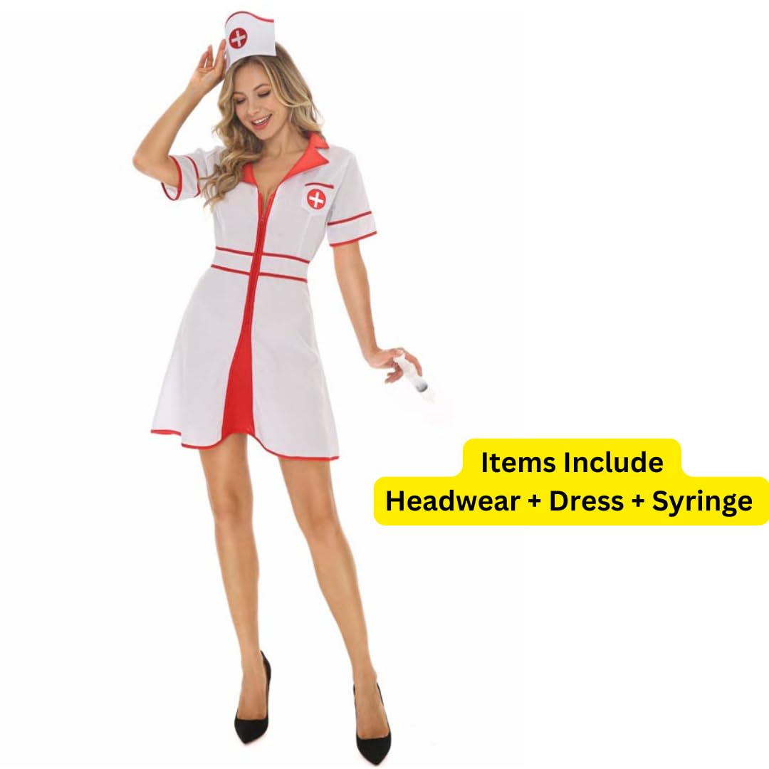 WANNA PARTY WP Naughty Nurse Outfit Fancy Dress Women Naughty Nurse Costume Lingerie Cosplay Babydoll Roleplay Dress Headband Syringe (Bust 85-95 cm),Clear,Cotton