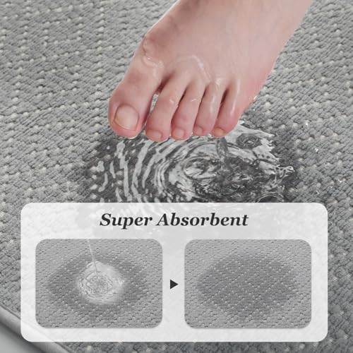 AMOAMI Thin Bath Mat, Super Absorbent Bath Mats for Bathroom, Quick Dry Rubber Backed Bath Rug Non Slip, Chenille Surface Thin Bathroom Rugs Fit Under Door,Low Pile Shower Rug,Grey,17" x 28"
