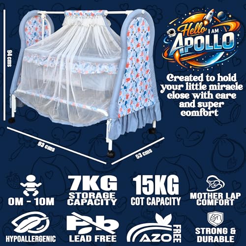Image of Kiddery Apollo Baby Cradle (Grey) | Newborn to 12 Months | Premium Swing Cradle with Mosquito Net, Wheels & Lock | Strong Metal Frame | Comfortable Sleeping Jhula