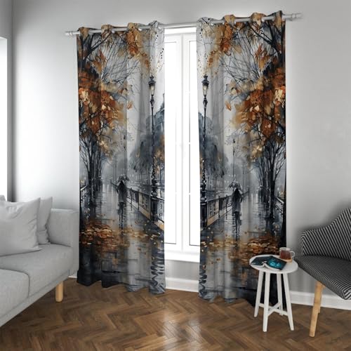 Cortinas opacas de hojas de otoño Ciudad Escena de calle lluviosa Cortinas con aislamiento térmico Cortinas de ventana de reducción de ruido para sala de estar de dormitorio 2 paneles H210xB132