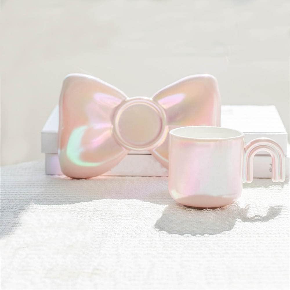 Pearl Glaze Bow Coffee Cup and Saucer Set,7.1oz Cute Ceramic Coffee Mug Creative Bowknot Cup for Office Home Coffee Tea Latte Milk (Green)