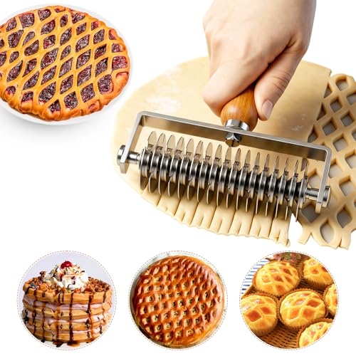 Dayacoco Lattice Pastry Cutter with Wood Handle 17-Gear Stainless Steel Dough Roller Cutter for Pie Pizza Biscuit & Bread Professional Baking Tool for Lattice Designs
