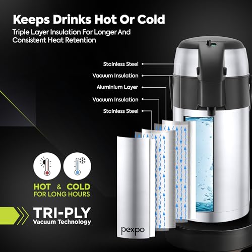 Image of Go24 pexpo AquaPort Stainless Steel Vacuum Insulated Beverage Dispenser with Pump - 2.5 LTR | Hot & Cold | Double Wall | Sturdy Handle to Carry | Coffee /Tea Carafe - Silver