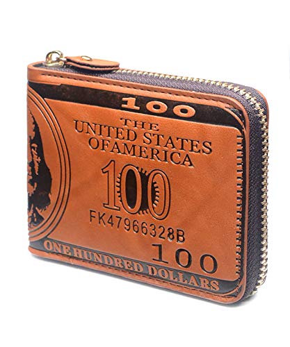 Mens US Dollar Bill Zip Around Bifold Wallet Leahter Card Credit Holder (Brown)