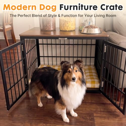 Image of NEWBULIG 42 Inch Dog Crate Furniture for Large Dogs, Space Saving Pet House End Table with Double Lock Door, Heavy Duty Indoor Kennel for Living Room, Black & Rustic Wood