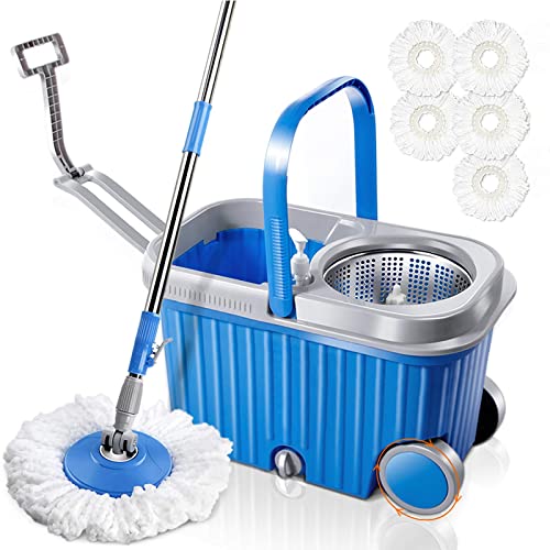 Masthome Spin Mop And Bucket With Wringer Set, Mop Bucket System With 5 Microfiber Mop Heads, 1 Detergent Dispenser & 2 Wheels, Easy Wring Spin Mop Or Hardwood, Laminate, Tile Floor Cleaning #TOP9