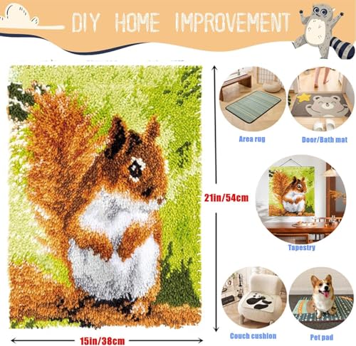 Image of EMISTEM DIY Latch Hook Rug Kits, Gift Packaging Crochet Tapestry Yarn Kits, Pre-Printed Canvas, Needlework Unfinished Crocheting Mat Yarn Embroidery Carpet Set, (Cute Squirrel,20x15)