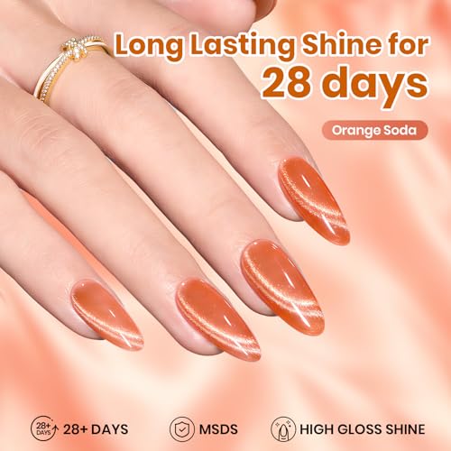 Image of Beetles Orange Cat Eye Gel Nail Polish - 15ML Orange Soda Summer Cat Eye Glitter Magnetic Gel Polish Shimmer Effect Soak Off UV French Nail Art Design Salon DIY Manicure Gifts for Women