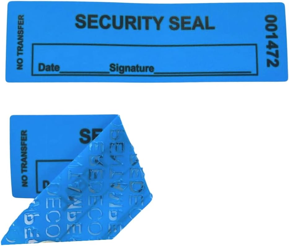 USPACKSMART 100% Tamper Evident Security Stickers - Labels - Seals (Blue, 2.5 x 8.5 cm), Sequential Numbers, Writeable in 100 Units, Fan Folded (Ref. LB-8348)